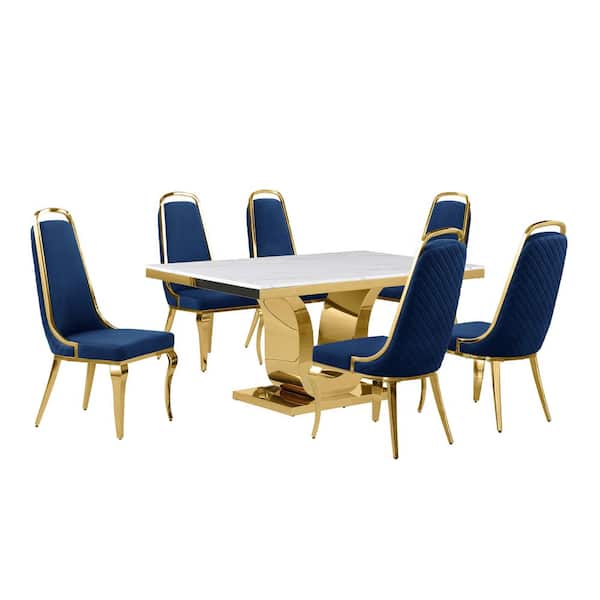 Ada 7-Piece Rectangle White Marble Top With Gold Stainless Steel Dining Set With 6-Navy Blue Velvet Chrome Iron Chairs