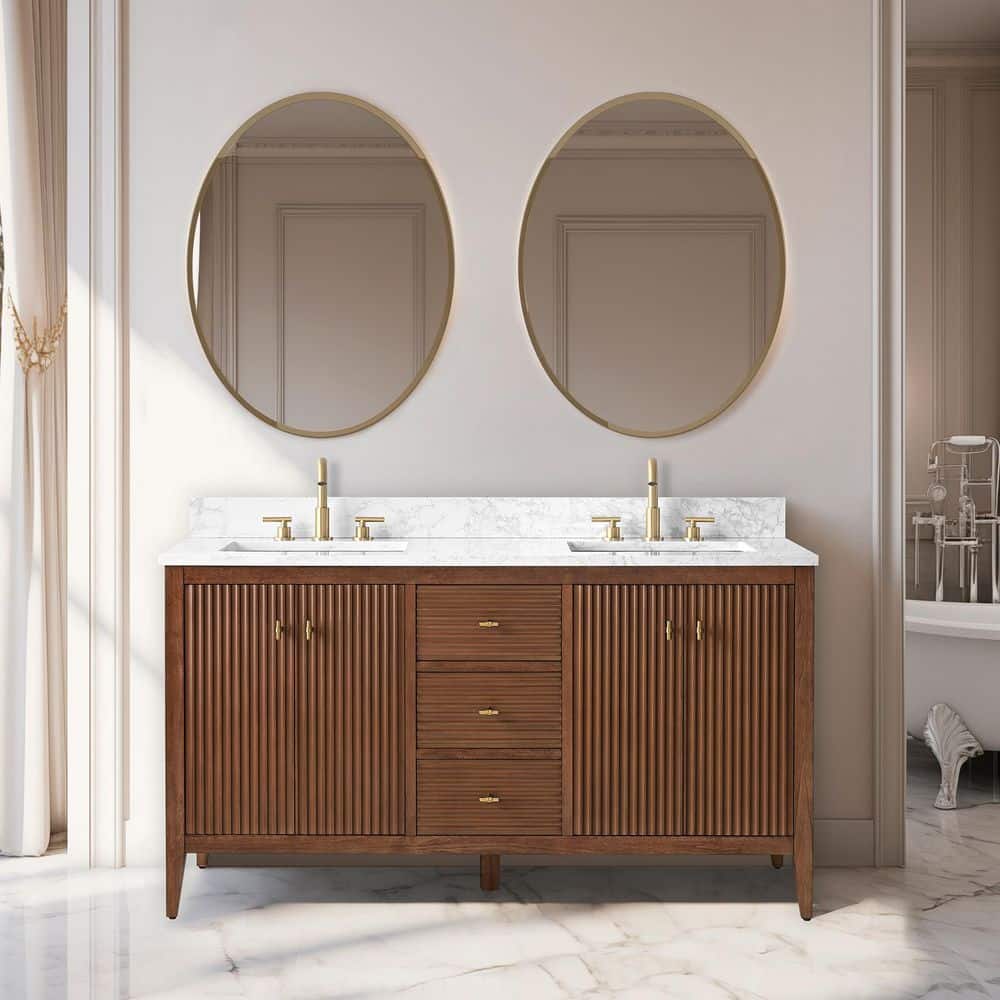 Vanity Art 60 W x 22 D x 38 H Double Sink Bathroom Vanity  Cabinet in Linear Walnut with Engineered Marble Top VA9160-DWalnut-GB The  Home