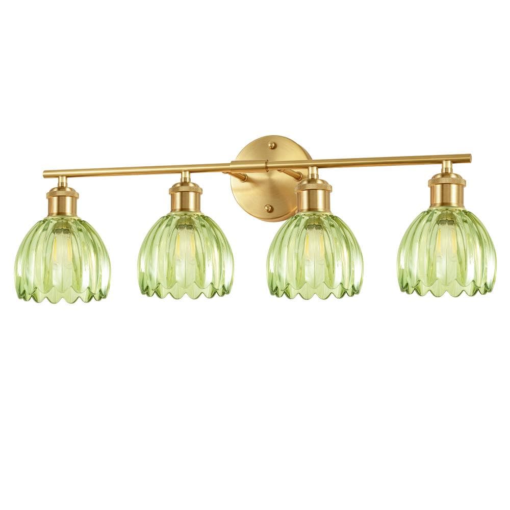 26 in. 4-Light Brushed Gold Vanity Light Wall Light Over Mirror with Green Tulip Glass Shade price history on PriceWatchPro