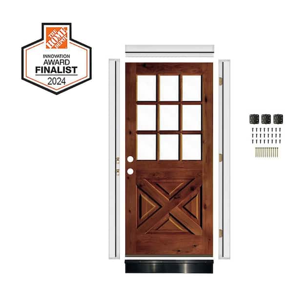 RTA 36 in. x 80 in. Alder X-Panel Right-Hand/Inswing 1/2 Lite Clear Glass Red Chestnut Stain Wood Front Door