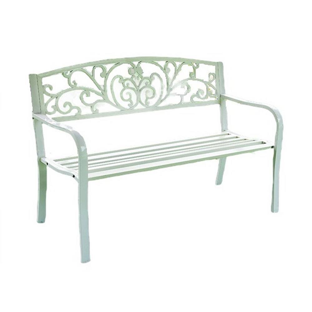 White Metal Outdoor Garden Bench with Scroll Backrest