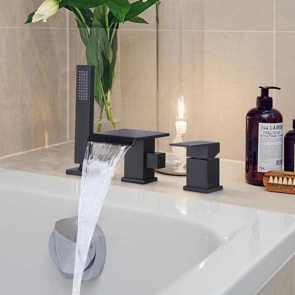 Tomfaucet Single-Handle Tub Deck Mount Roman Tub Faucet with Hand Shower in Matte Black