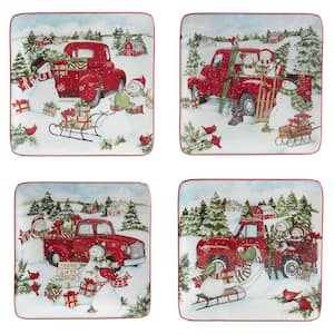 Red Truck Snowman Multi-Colored Dessert Plates Set of 4