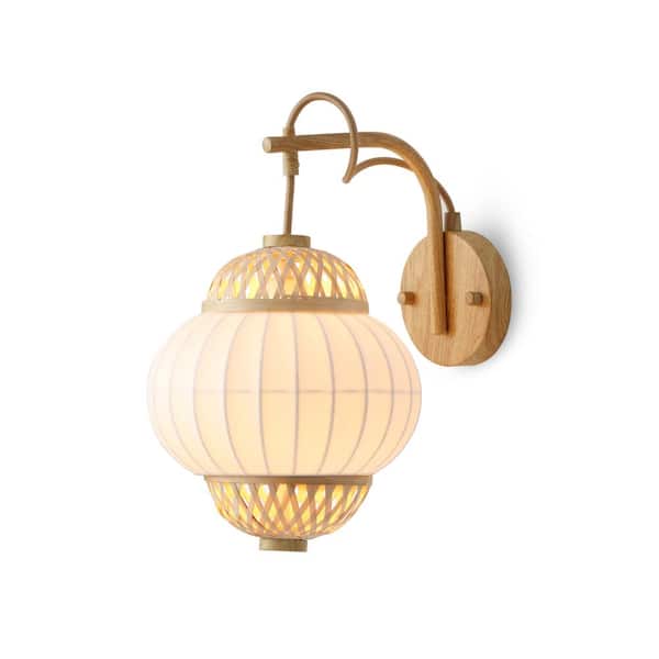 Hikari 9 in 1-Light Wood Grain and Natural Wall Sconce with Woven Bamboo Plus Silk Shade for Foyer, Living Room, Bedroom