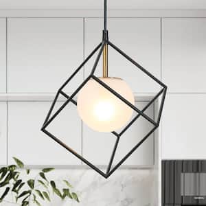 11 in. 1-Light Black DIY Pendant Light Classic Polished Brass Cage Chandelier Frosted Glass Globe Pendant Hanging Light