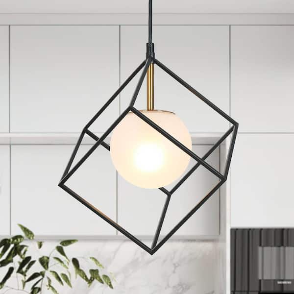 Zevni 11 in. 1-Light Black DIY Pendant Light Classic Polished Brass Cage Chandelier Frosted Glass Globe Pendant Hanging Light