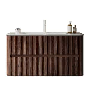 36 in. W Floating Bathroom Vanity in Brown Walnut with White Ceramic Top