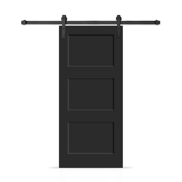 CALHOME 38 in. x 96 in. 3 Panel Shaker Hollow Core Black Painted Composite Interior Sliding Barn Door with Hardware Kit