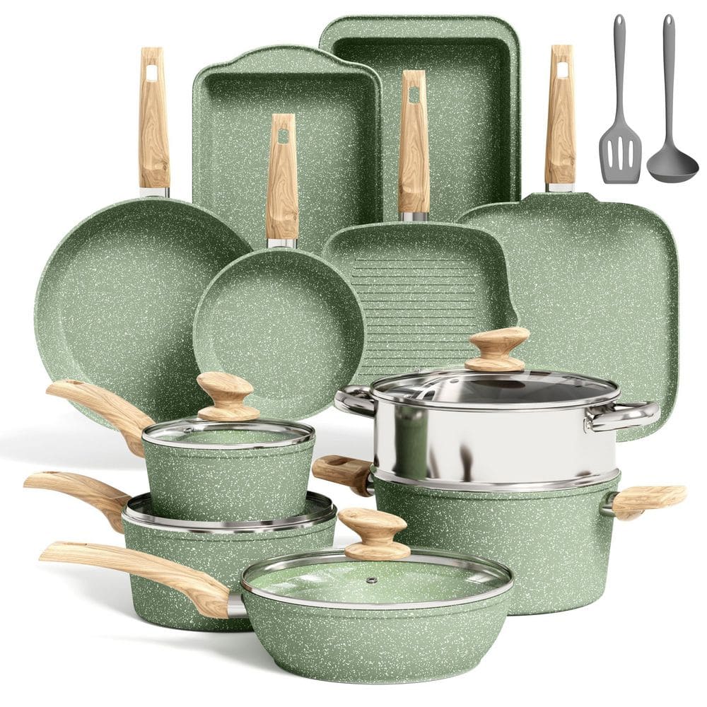 17-Piece Kitchen Induction Granite Cookware Set in Green, Granite Cooking Pans Set, Non-Stick Pots and Pans Set