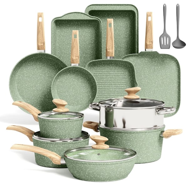 17-Piece Kitchen Induction Granite Cookware Set in Green, Granite Cooking Pans Set, Non-Stick Pots and Pans Set