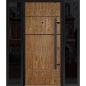 6683 60 in. x 80 in. Left-hand/Inswing 2 Sidelights Natural Oak Steel Prehung Front Door with Hardware