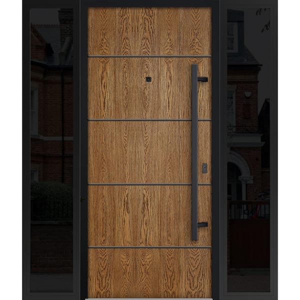 6683 68 in. x 80 in. Left-hand/Inswing 2 Sidelights Natural Oak Steel Prehung Front Door with Hardware