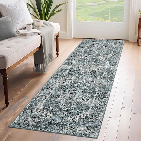 Vintage Printed Carpet Soft Thin Rug Interior Decoration for Bedroom Living Room Kitchen Blue Green，2x6ft