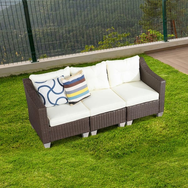 Patio Festival 3-Piece Wicker Outdoor Sofa Couch with White Cushions