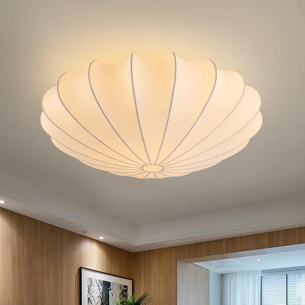 HUOKU Kateo 26.8 in. W 3-Light White Semi-Flush Mount Silk Ceiling Light w/ Cream Oval Umbrella Shell Shade for Ambient Light