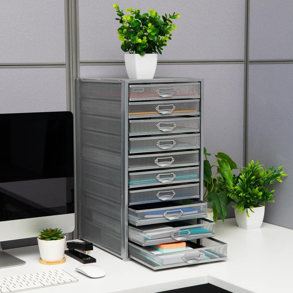 Sleek Silver Metal Mesh 10-Drawer Desktop Organizer Cabinet