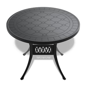 39.37 in. Round Cast Aluminum Patio Dining Table with Black Frame and Carved Texture for Backyard, Balcony and Poolside