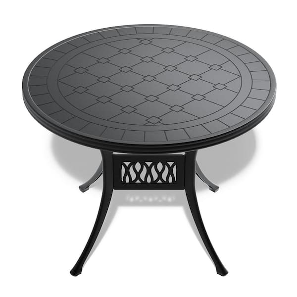 Zeus & Ruta 39.37 in. Round Cast Aluminum Patio Dining Table with Black Frame and Carved Texture for Backyard, Balcony and Poolside