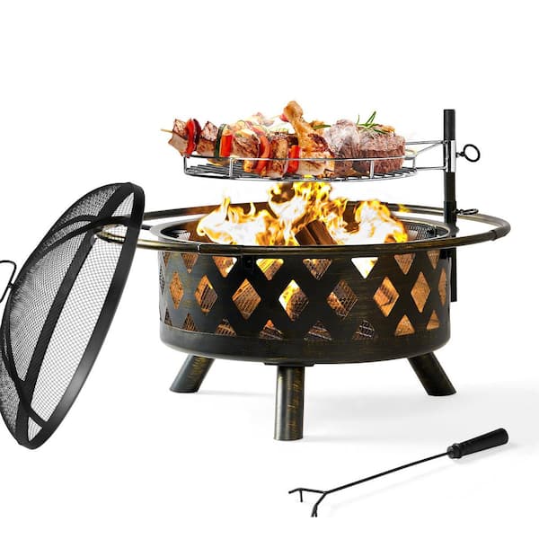 30 in. Outdoor Wood Burning Fire Pit with Cooking Grill, Screen and Poker