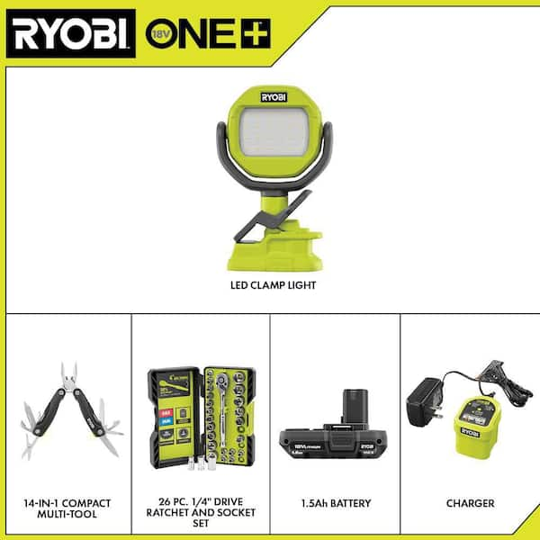 RYOBI ONE+ 18V Cordless LED Clamp Light Kit with 1.5 Ah Battery