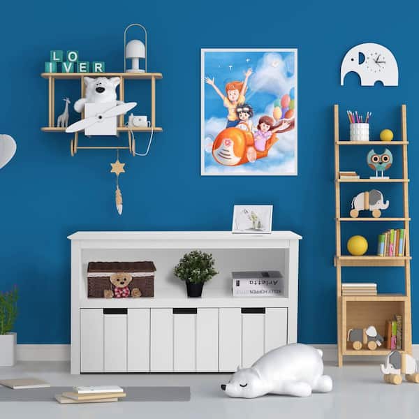 White Playroom and Bedroom Floor Toy Box with Hidden Wheel & Large Open Shelf FOTOSOK Kid Toy Storage Cabinet with 3 Movable Drawers Organizer Chest for Nursery 