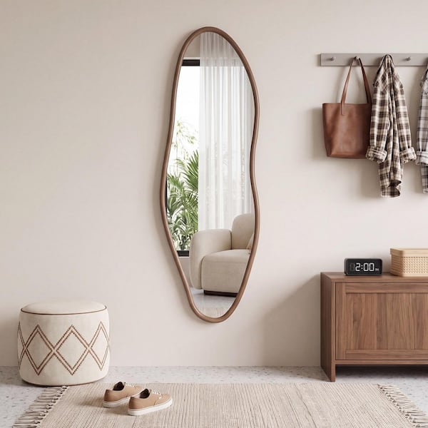 18 in. W x 55 in. H Irregular Walnut Natural Wood Frame Wall Mirror Asymmetric Mirror Decorative Mirror