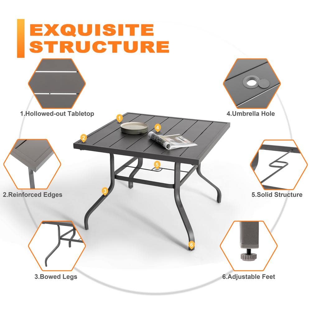 Nuu Garden Gray Iron Square Outdoor Dining Table with Umbrella Hole