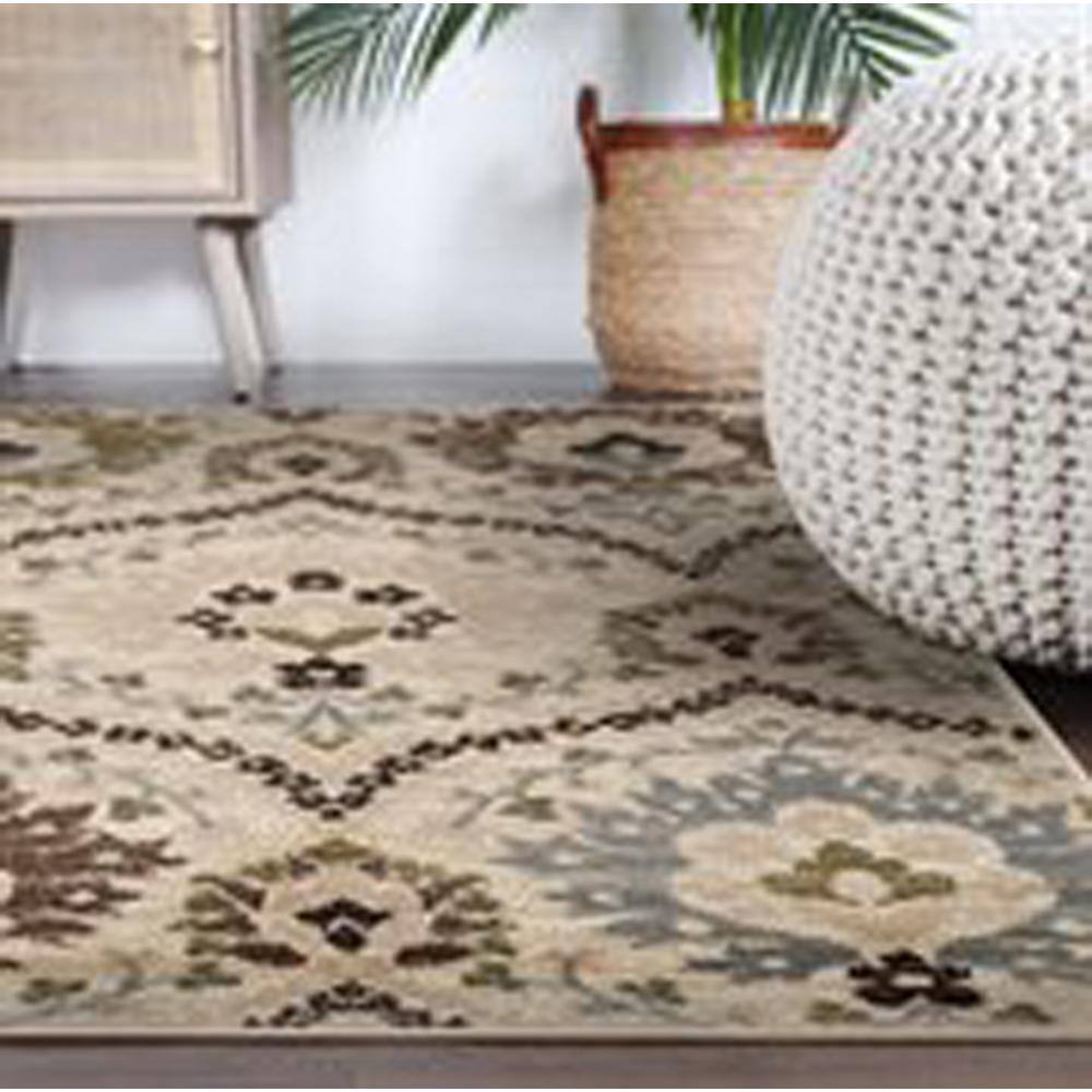 Ivory and Multicolor Floral Synthetic Square Area Rug