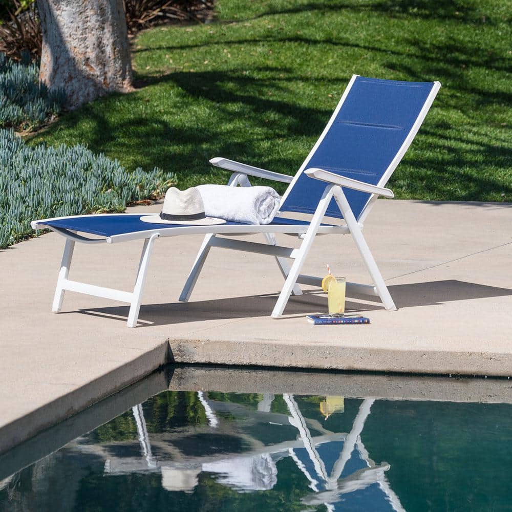Regis White and Blue Aluminum Padded Sling Chaise Lounge