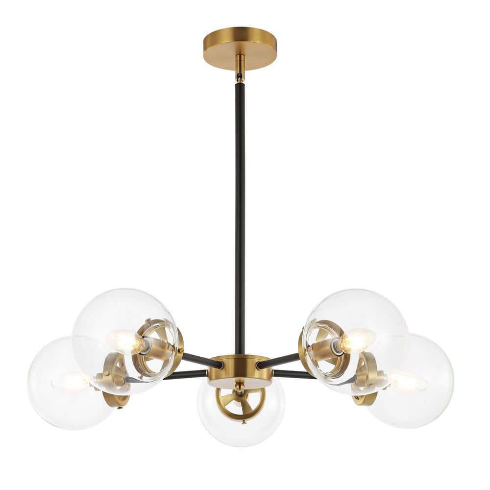 WINGBO 5Light Black Modern Chandelier, Sputnik Pedant Light Fixture with Large Clear Glass