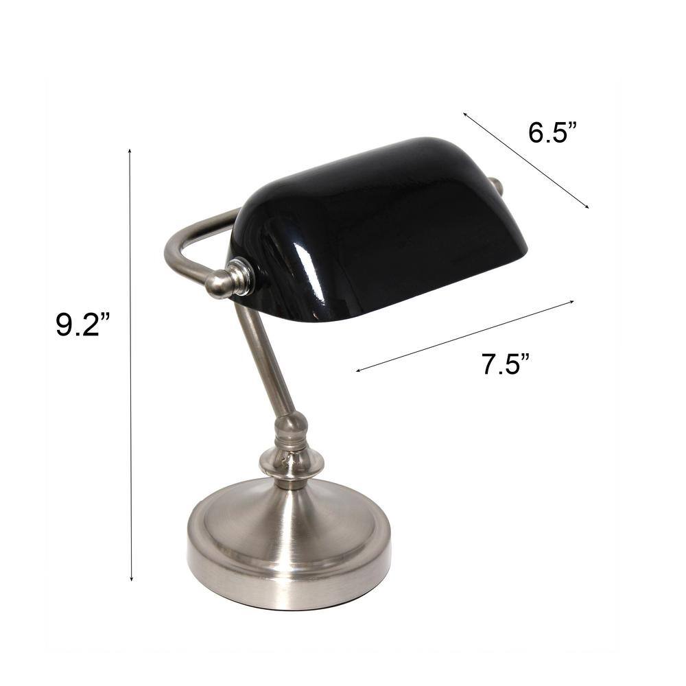 Petite Brushed Nickel Bankers Table Lamp with Black Glass Shade