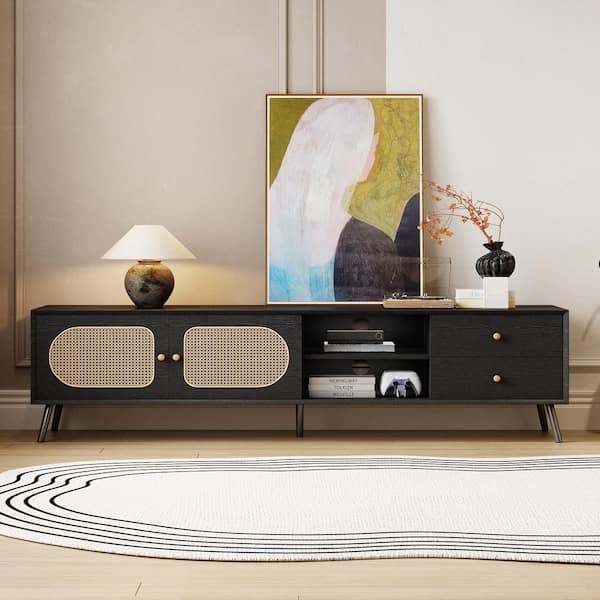 Harper & Bright Designs Black 70.9 in. TV Stand Fits TVs up to 80 in. with Rattan Doors, 2-Drawers, and Open Shelf