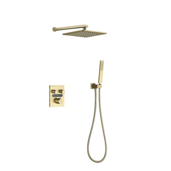 2-Handle 2-Spray Wall Mount Dual Shower Heads with Body Spray 10 in. Shower Head 1. 6GPM in Brushed Gold