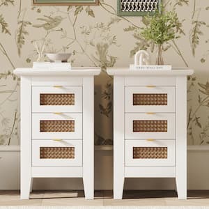 Exquisite Elegance White 3-Drawer 15.7 in. W Nightstand Set of 2 with Rattan-Woven Surface