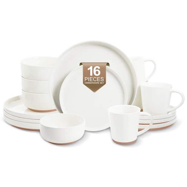 16-Piece White Ceramic Dinnerware Sets with Mugs for 4, Handpainted Plates and Bowls Set,  Dishwasher & Microwave Safe
