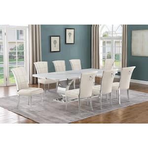 Ibraim 9-Piece Rectangle White Marble Top with Stainless Steel Base Dining Set with 8 Cream Velvet Iron Leg Chairs