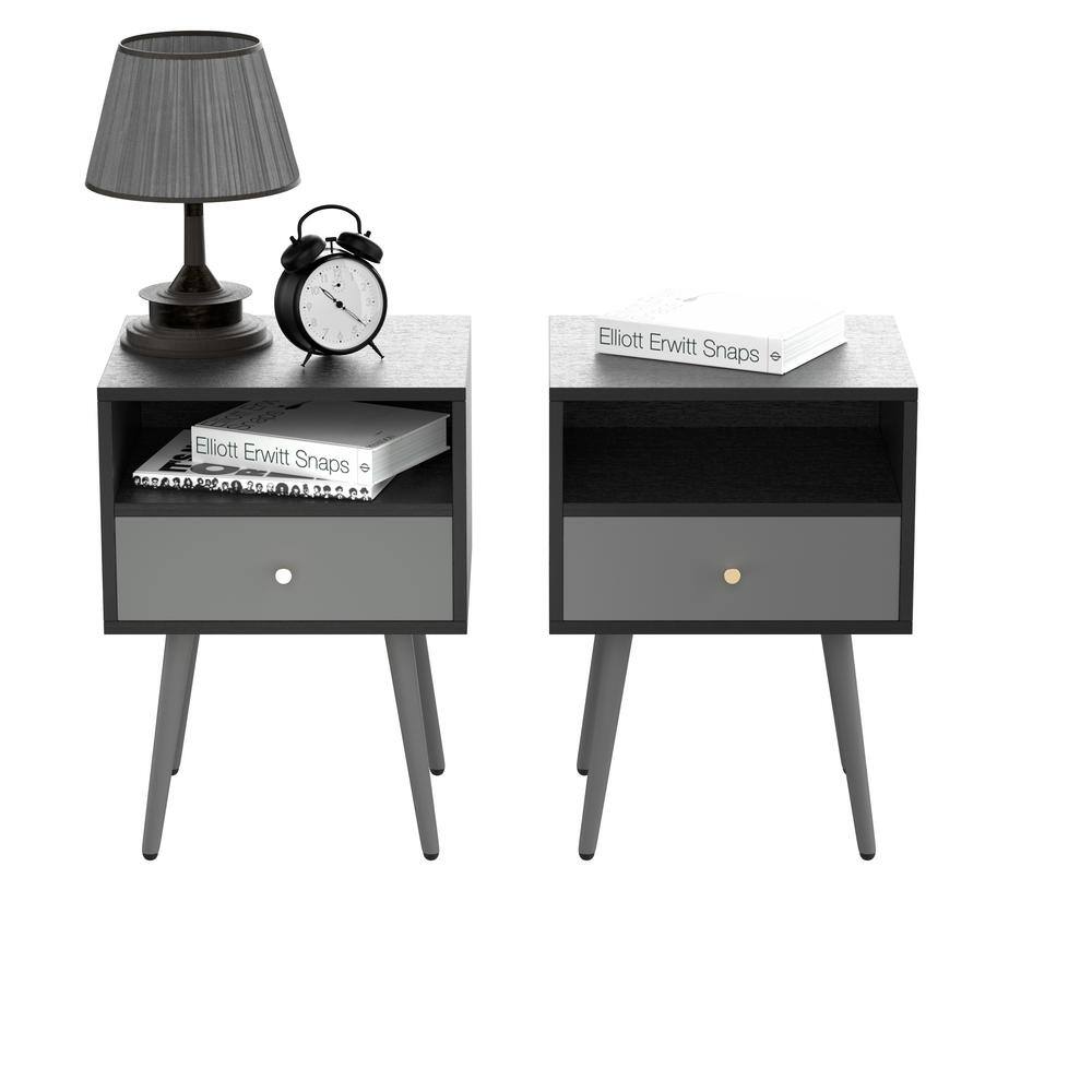 ANBAZAR 1Storage Drawer Dark Gray Set of 2 Nightstand with Shelf, 21.