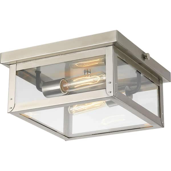 Progress Lighting Union Square Collection 2-Light Stainless Steel Clear Flat Glass Farmhouse Outdoor Close-to-Ceiling Light