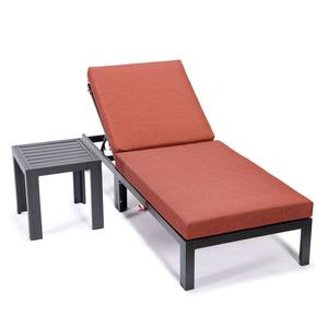 Chelsea Modern Black Aluminum Outdoor Patio Chaise Lounge Chair with Side Table and Orange Cushions