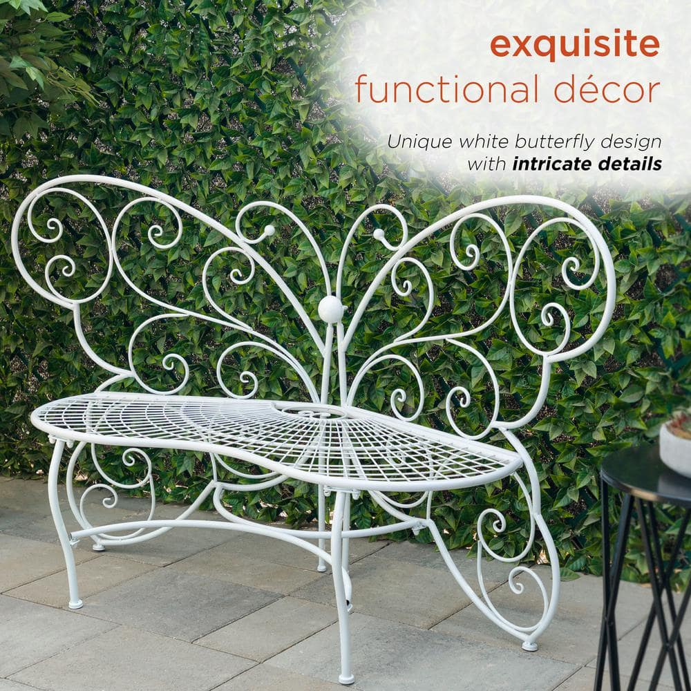 Charming Alpine 62" White Metal Butterfly-Shaped Garden Bench