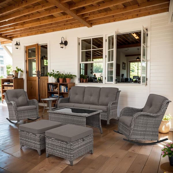 ArcoBay 7-Piece Gray Wicker Outdoor Rocking Swivel Chairs Patio Conversation Set with Gray Cushions and 3-Seat Sofa
