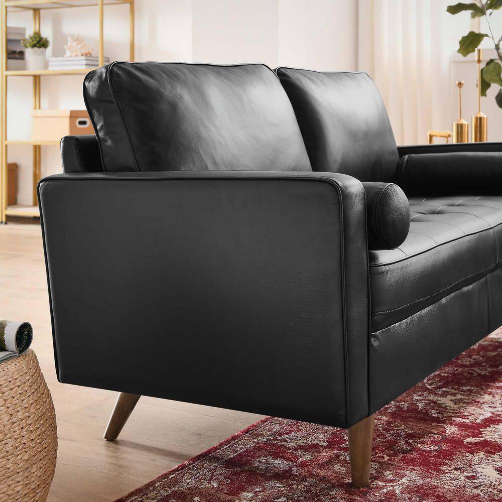 Mid-Century Modern Black Faux Leather Tufted Loveseat with Wood Legs