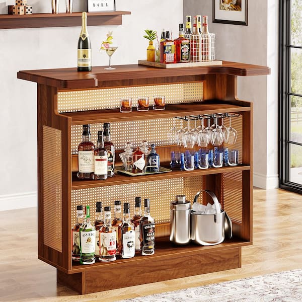 BYBLIGHT Kearsten 43.3 in. Rattan Home Bar Unit, Farmhouse 4-Tier Bar Table with Wine Racks and Glass Holder, Caramel Brown