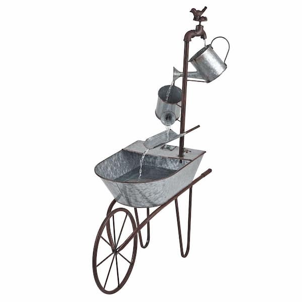 Alpine Corporation 36 in. Tall Rustic Wheelbarrow and Waterfall Fountain Yard Decoration, SIlver