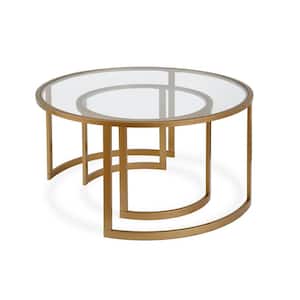 Mitera 36 in. 2-Piece Brass Round Glass Top Coffee Table Set with Nesting Tables