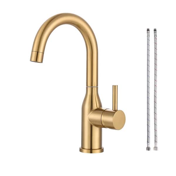 Stainless Steel 1-Hole Single Handle Bar Faucet with Water Supply Lines in Brushed Gold