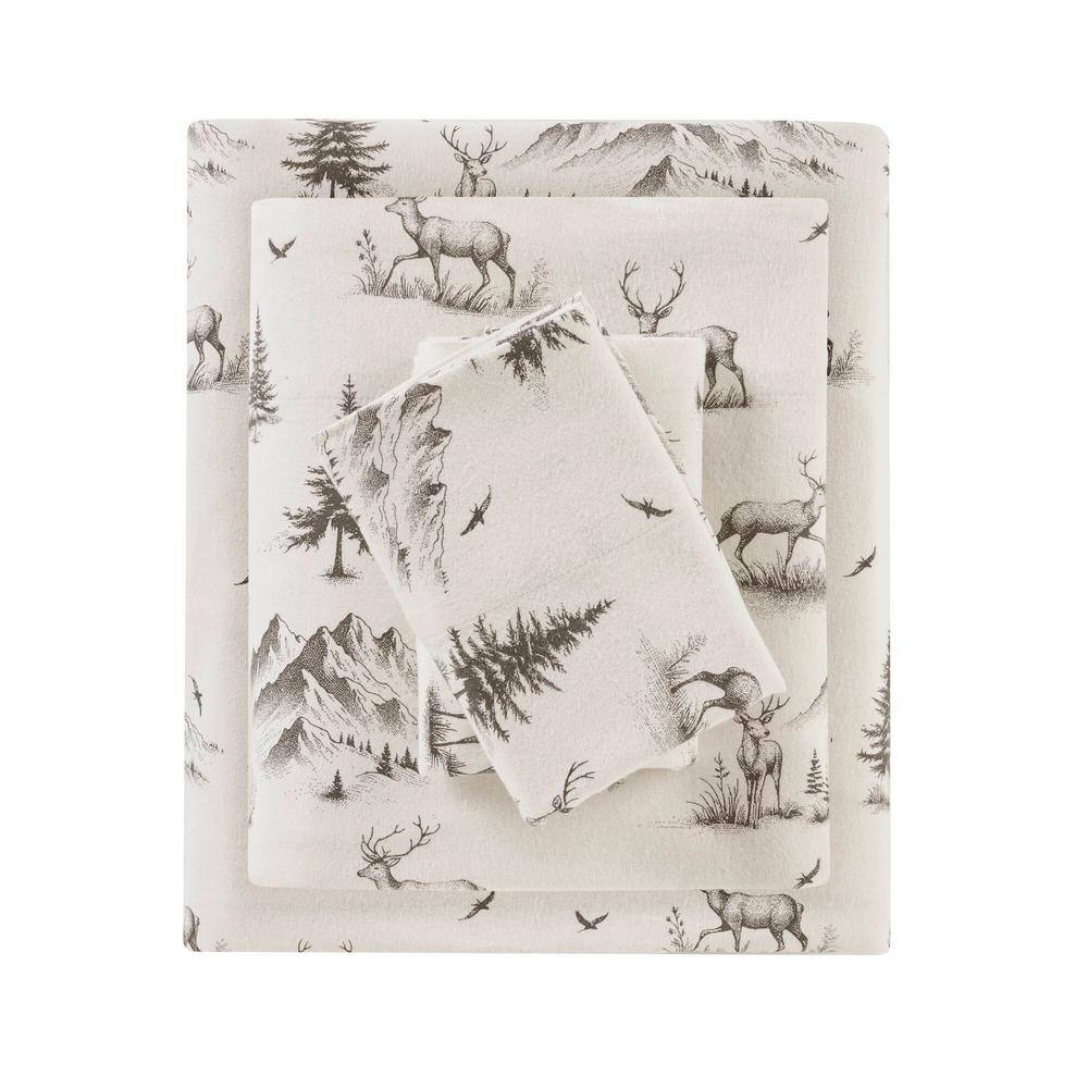 Full Gray Deer Toile Cotton Flannel Sheet Set