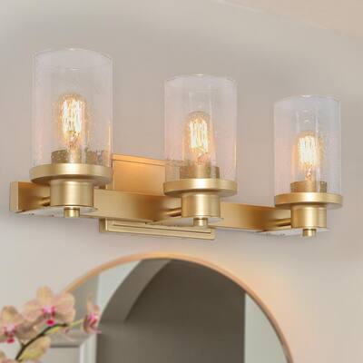 3-Light Modern Farmhouse Gold Wall Sconce Industrial Powder Room Bathroom Vanity Light with Seeded Glass Shades