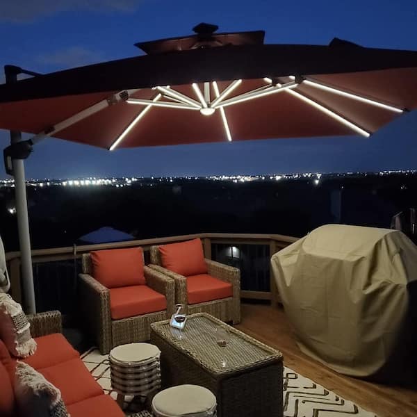 9 ft. Square Solar Powered LED Patio Umbrella Outdoor Cantilever Umbrella Heavy-Duty Sun Umbrella in Brick Red