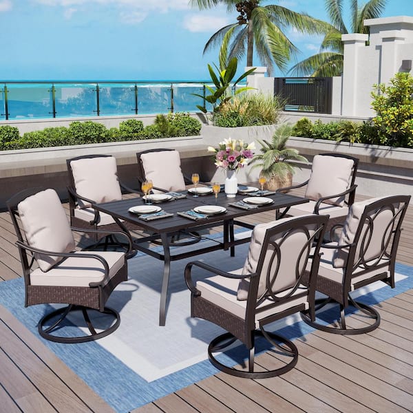 PHI VILLA 7-Piece Metal Outdoor Dining Set with Beige Cushions and Swivel Chairs